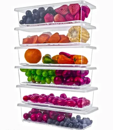 Fridge Storage Boxes Set of 6 Fridge Organizer with Removable Drain Plate and Lid Stackable Fridge Storage Containers Plastic Freezer Storage Containers for Fish, Meat, Vegetables, Fruits(1500ML)